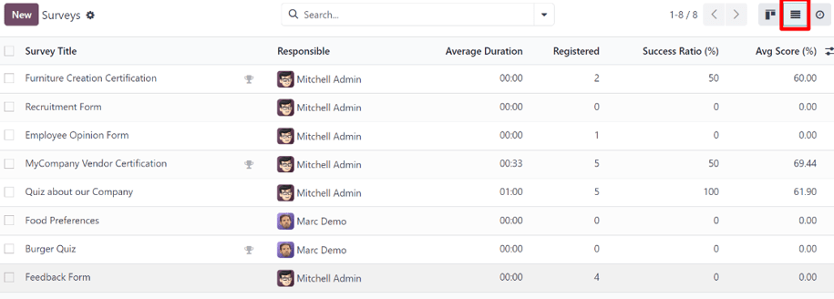 The list view option located on the erpsys Surveys application dashboard.