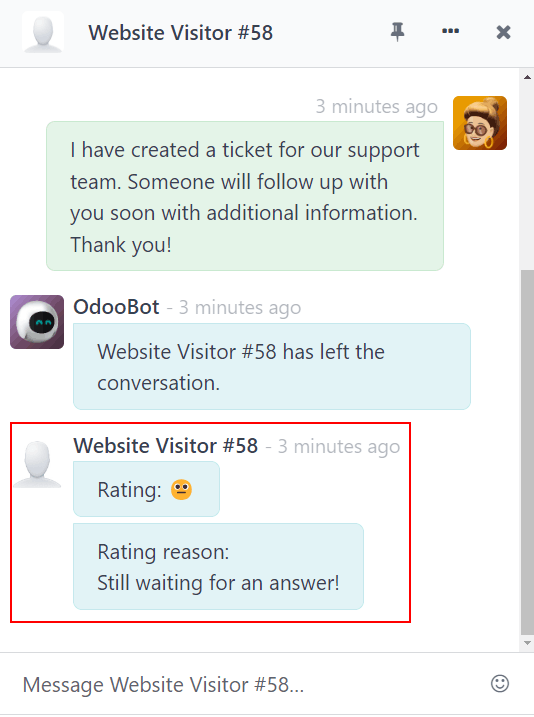 View of a chat window from an operator's window highlighting a rating for Erpsys Live Chat.