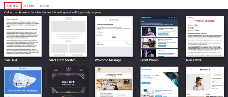View of the templates in the Mail Body tab in erpsys Email Marketing application.