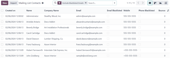 The Mailing List page in the erpsys Email Marketing application.