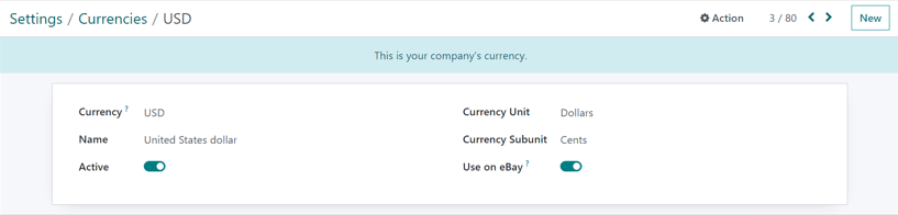 How a main currency detail form looks in erpsys Accounting.