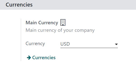 How the main currency feature appears on settings page in erpsys Accounting.