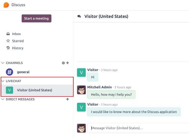 View of the discuss application with a message sent through live chat in Erpsys.