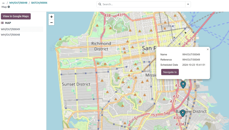 Show map in erpsys, with information of the delivery orders.