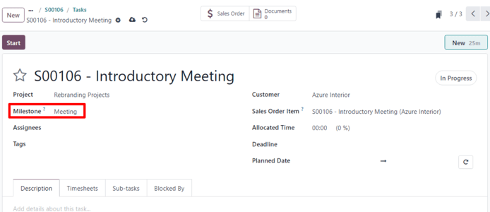 The milestone field on the task form when dealing with milestone products in erpsys Sales.