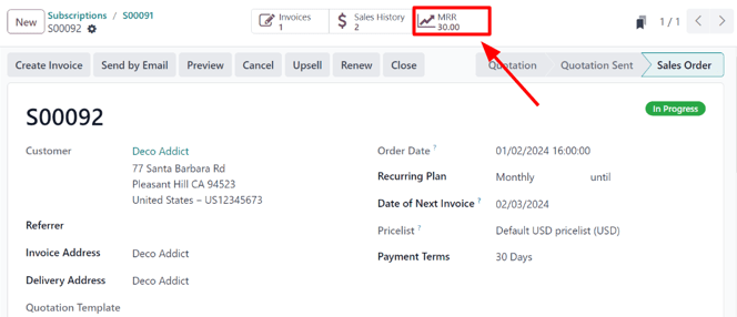 MRR smart button in the erpsys Subscriptions application.