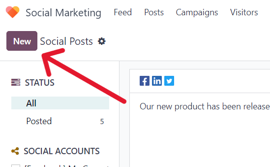 New button on the Social Posts page in the erpsys Social Marketing application.