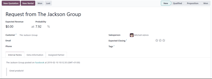 New lead detail form generated from a social media comment in erpsys Social Marketing.