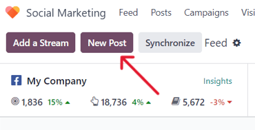 New Post button on the main dashboard of the erpsys Social Marketing application.
