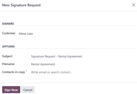 The New Signature Request pop-up window that appears in the erpsys Rental application.