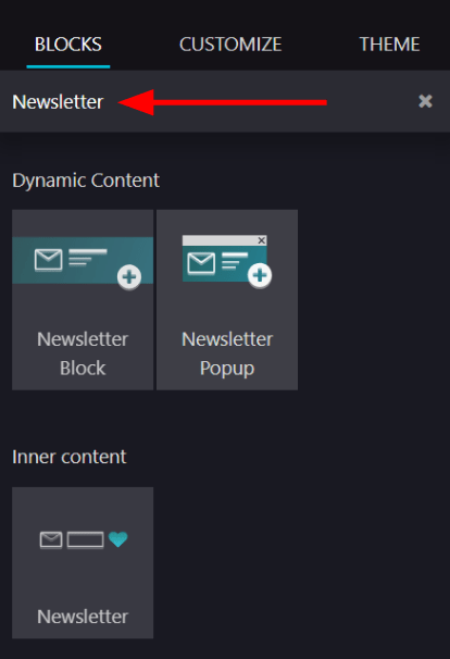 View of how to quickly search for Newsletter blocks in the erpsys Website application.