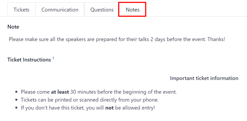 Typical notes tab on an event form in the erpsys Events application.