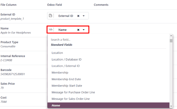 The erpsys Field drop-down menu next to a Field Column that needs to be manually adjusted.