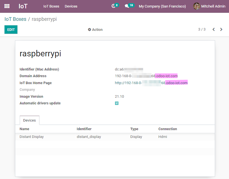 Erpsys IoT app IoT box with .odoo-iot.com domain.