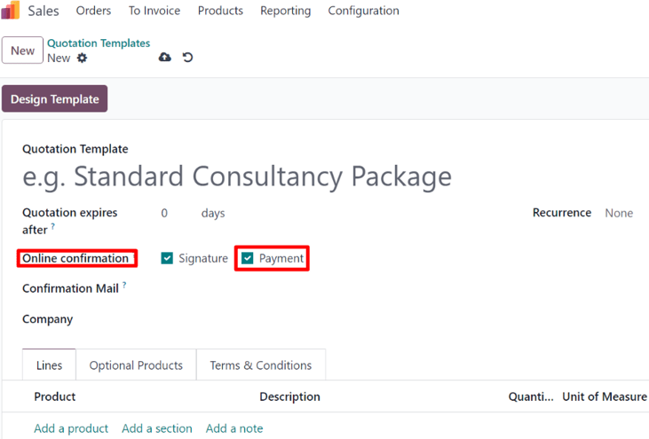 The online payment setting on quotation template forms in erpsys Sales.