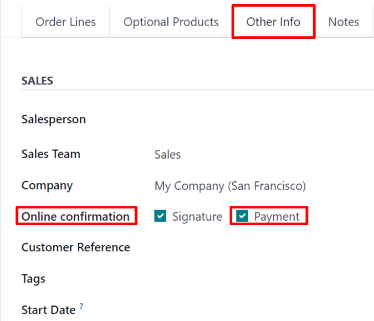 The online payment setting on a standard quotation in erpsys Sales.