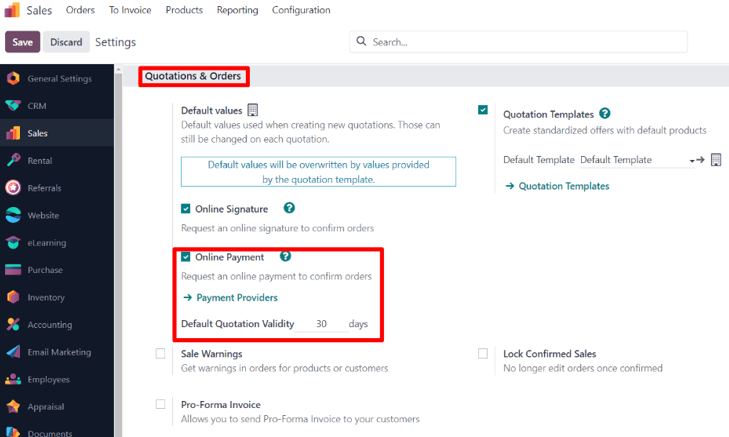 The online payment setting in the erpsys Sales application.