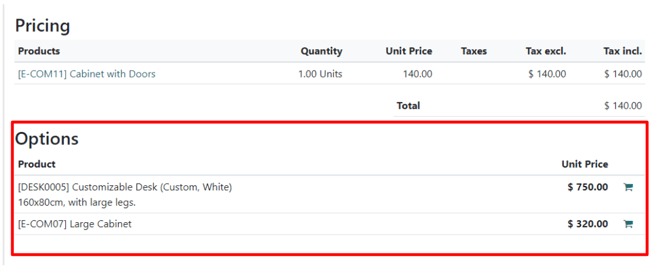 Optional products appearing on a typical sales order with erpsys Sales.
