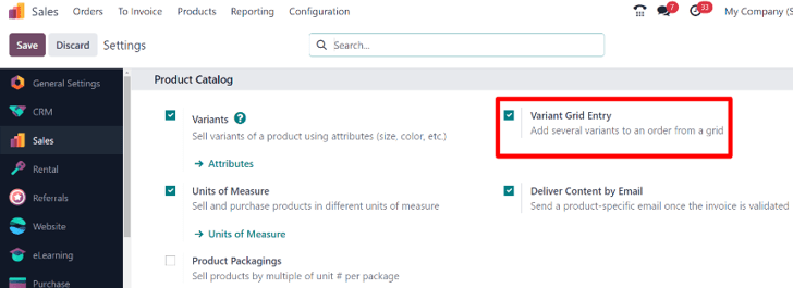 The variant grid entry setting in the erpsys Sales application.