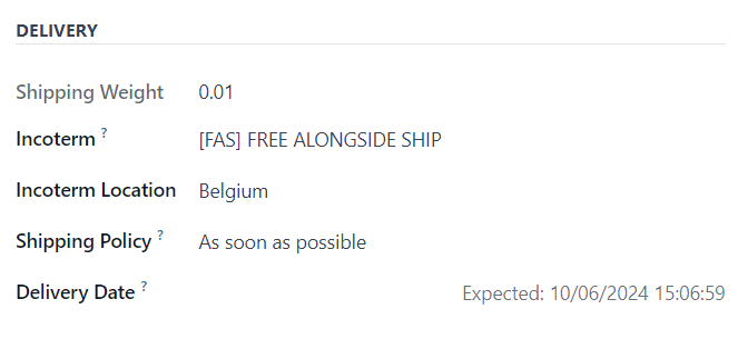 The Delivery section of the Other Info tab of a quotation form in erpsys Sales.