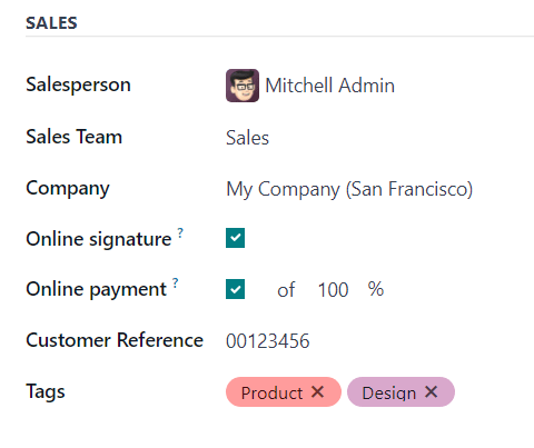 The Sales section of the Other Info tab of a quotation form in erpsys Sales.