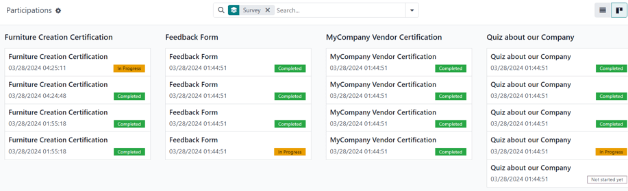 Kanban view of the main dashboard of the Erpsys Email Marketing application.