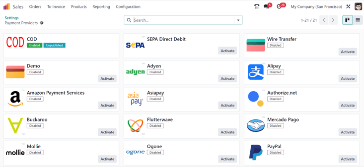 Payment providers page in erpsys Sales.