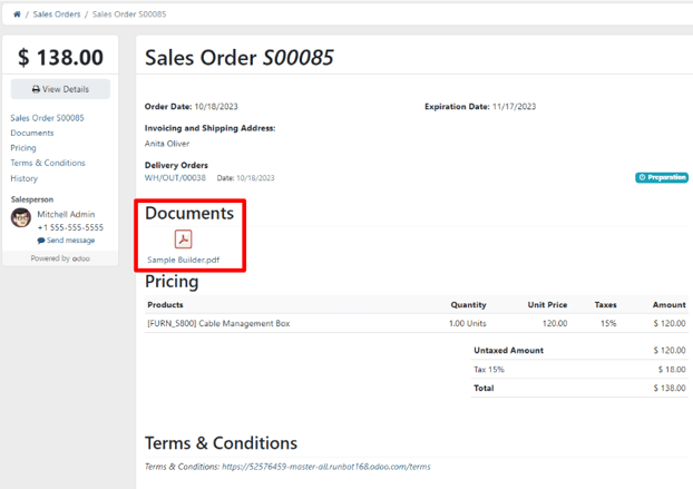 Sample of an uploaded pdf with the inside quote option chosen in erpsys Sales.