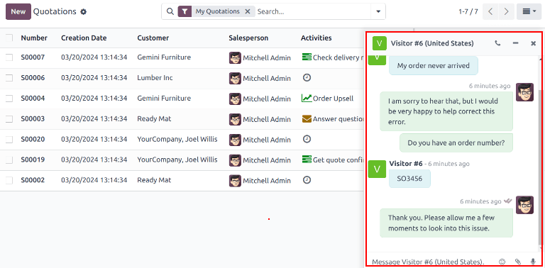 View of a live chat pop up window in an Erpsys database.