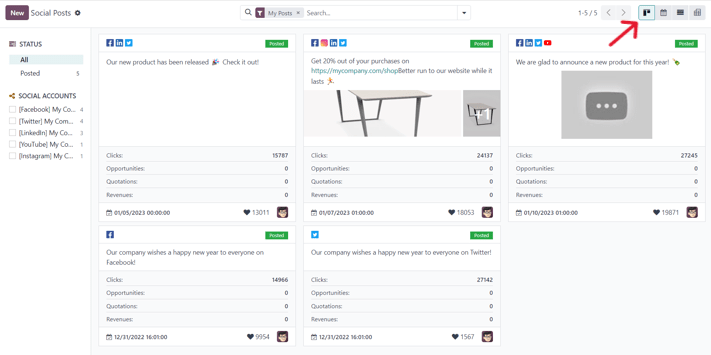 Kanban view of the posts page in the erpsys Social Marketing application.