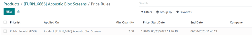 How the extra price rules per product page appears in erpsys Sales.