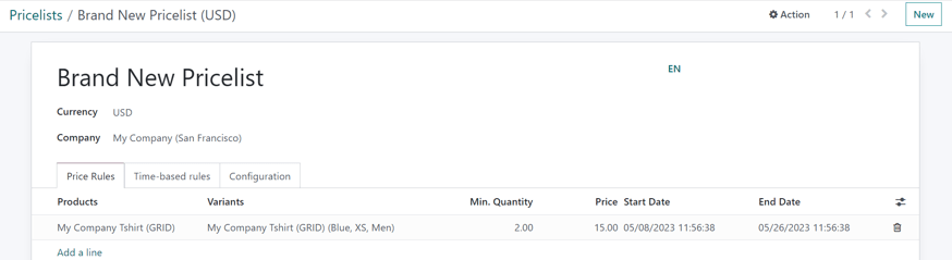 How the pricelist detail form looks in erpsys Sales.