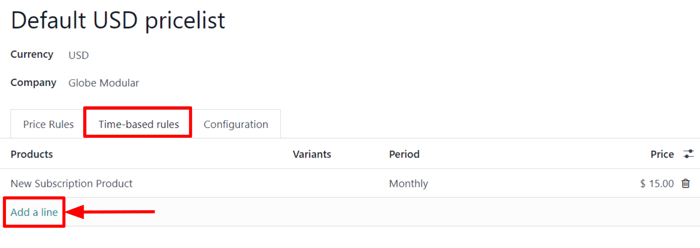 The time-based rules tab on a pricelist form in erpsys Sales.