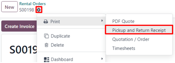 The pickup and return receipt print option in the erpsys Rental application.