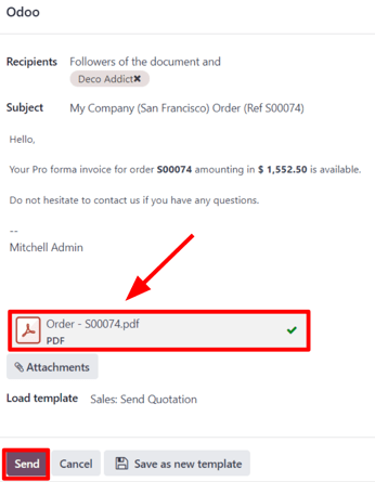 The email pop-up window that appears with pro-forma invoice attached in erpsys Sales.
