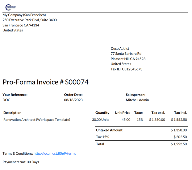 Sample pro-forma invoice PDF from erpsys Sales.