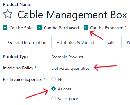 Product settings for a purchase order to be invoiced on a sales order in erpsys.