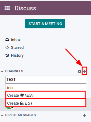 View of discuss's sidebar and a channel being created in erpsys Discuss.