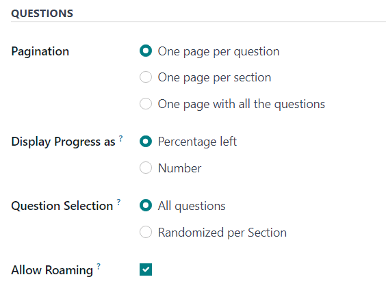 The Questions section of the Options tab on a survey form in erpsys Surveys.