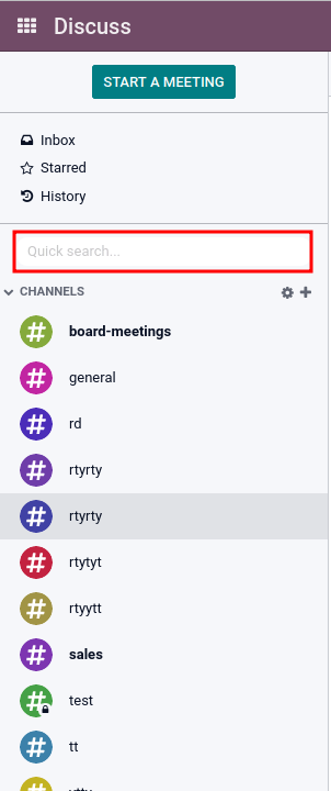 View of the Discuss' sidebar emphasizing the quick search bar in erpsys Discuss.