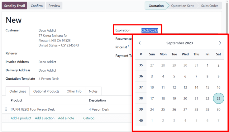The expiration field on a standard quotation form in erpsys Sales.