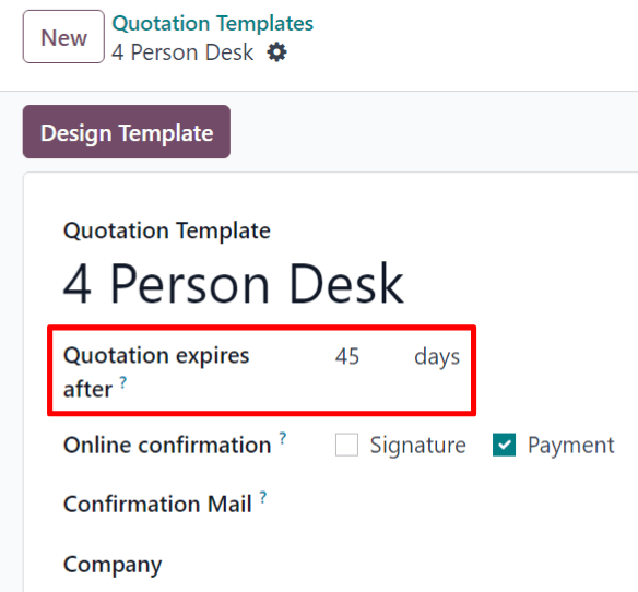 The quotation expires after field on a quotation template form in erpsys Sales.