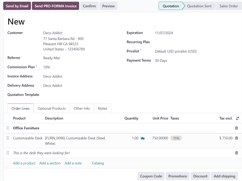 A typical quotation form in the erpsys Sales application.