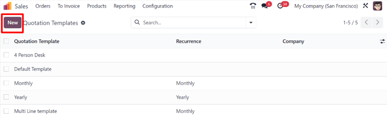 Quotation templates page in the erpsys Sales application.