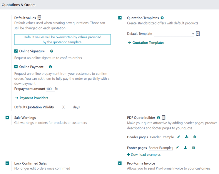 The Quotations and Orders section on the erpsys Sales app Settings page.