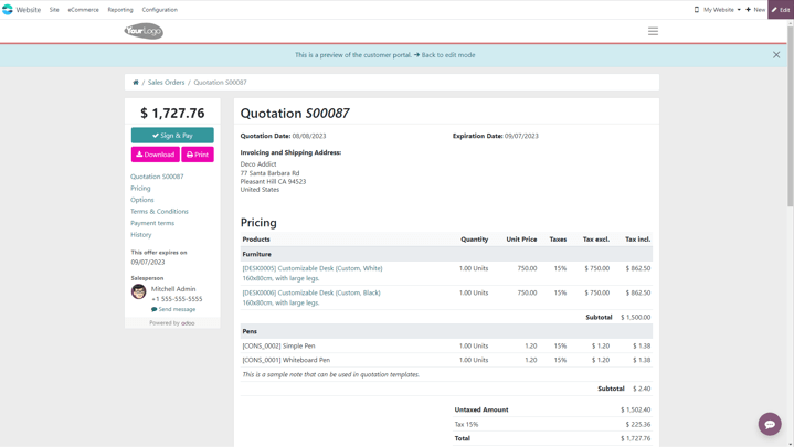 Customer preview of a quotation template in erpsys Sales.