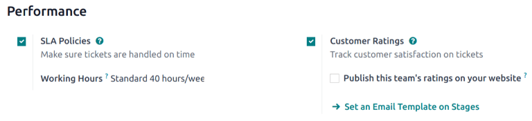 Overview of the settings page of a helpdesk team emphasizing the rating on ticket feature in erpsys Helpdesk.