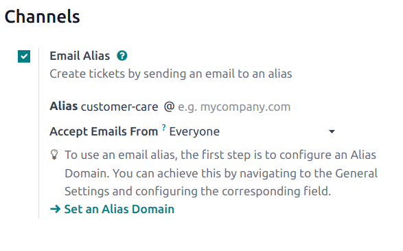 View of the settings page of a Helpdesk team emphasizing the email alias feature in erpsys Helpdesk.