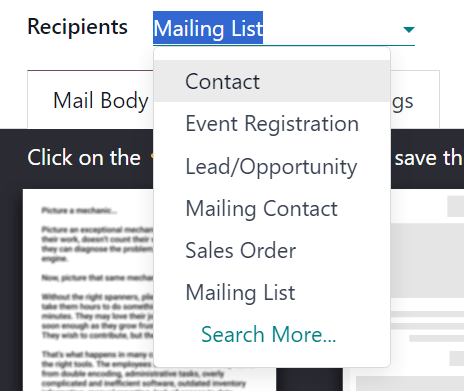 View of recipients drop-down menu in the erpsys Email Marketing application.