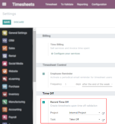 View of Timesheets setting enabling the feature record time off in erpsys Timesheets